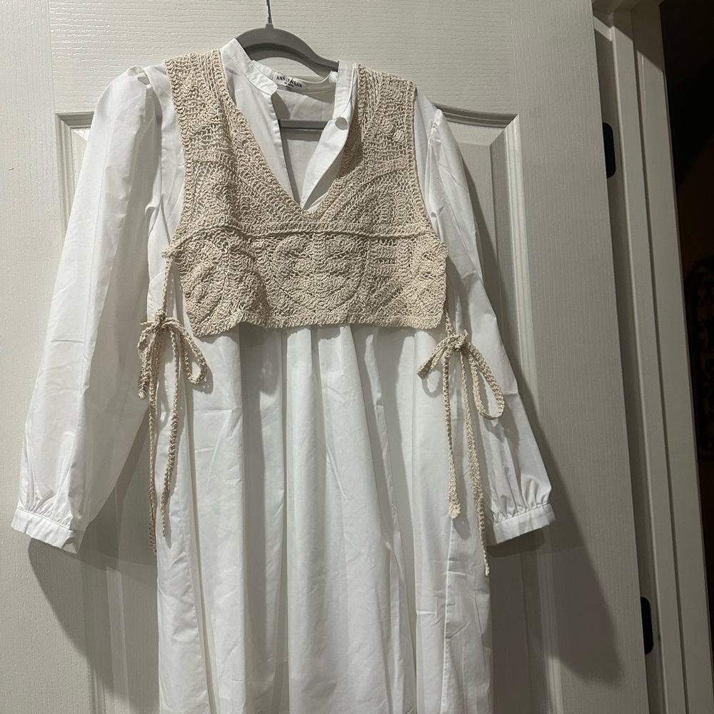 Elegant White Dress with Cream Crochet Overlay